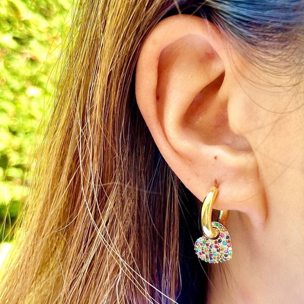 Rainbow Pave Heart Hoop Earrings